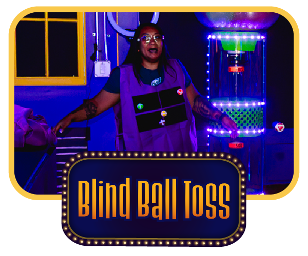 Blind Ball Toss mini game: a player in a target vest