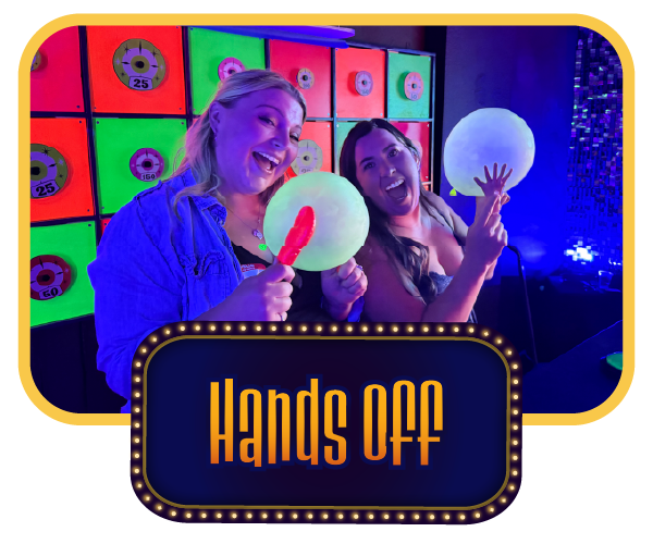 Hands Off mini game: two players holding paddles